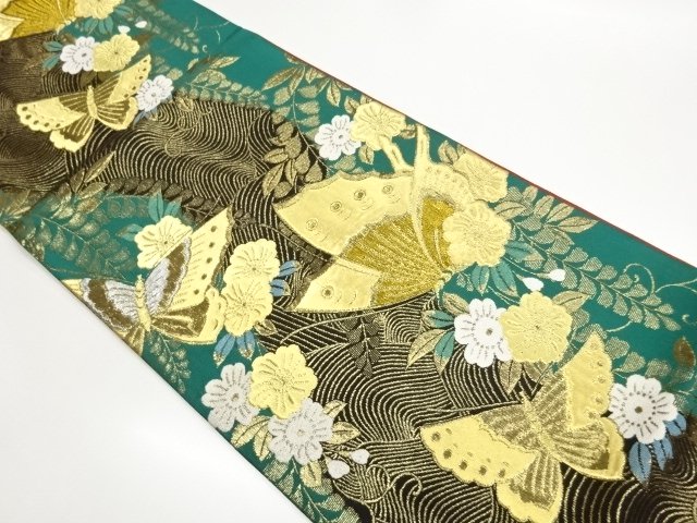 JAPANESE KIMONO / FUKURO OBI / WOVEN FLOWER & BUTTERFLY 